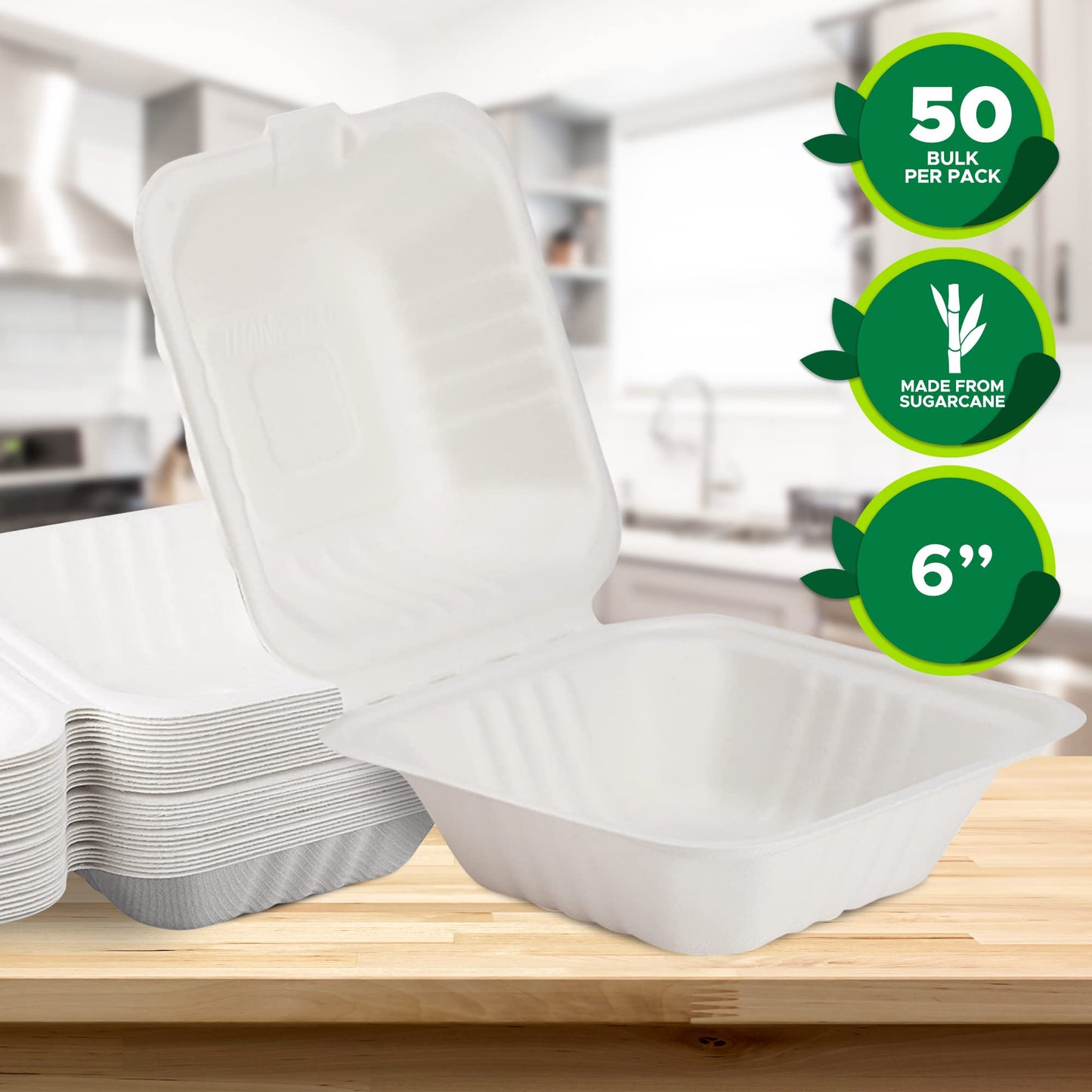 6x6” Biodegradable Clamshell Takeout Food Containers