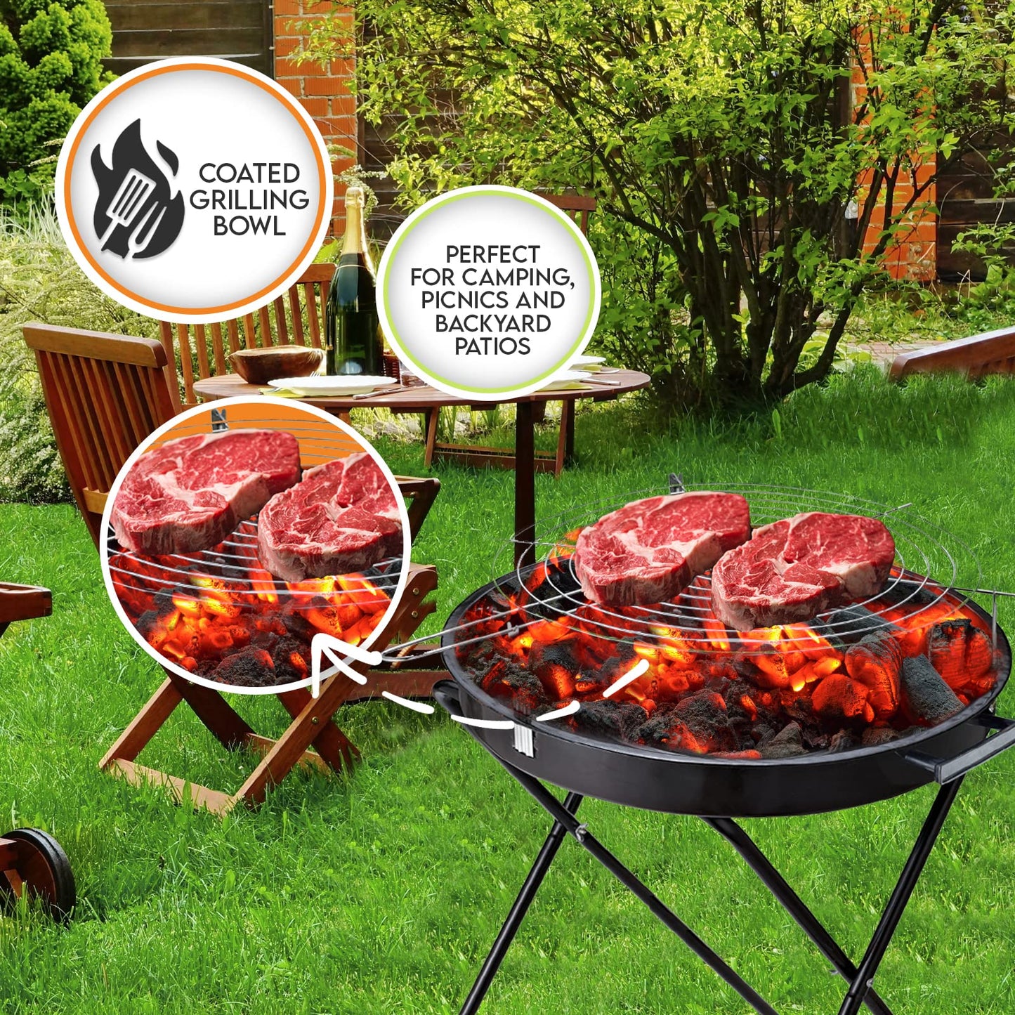 Round BBQ Charcoal Grill - Portable Outdoor Standing Grill