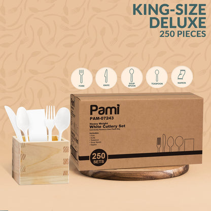 Heavy-Weight Disposable Plastic Cutlery Set – Fork, Knife, Spoon, Teaspoon & Napkin, 250 Sets