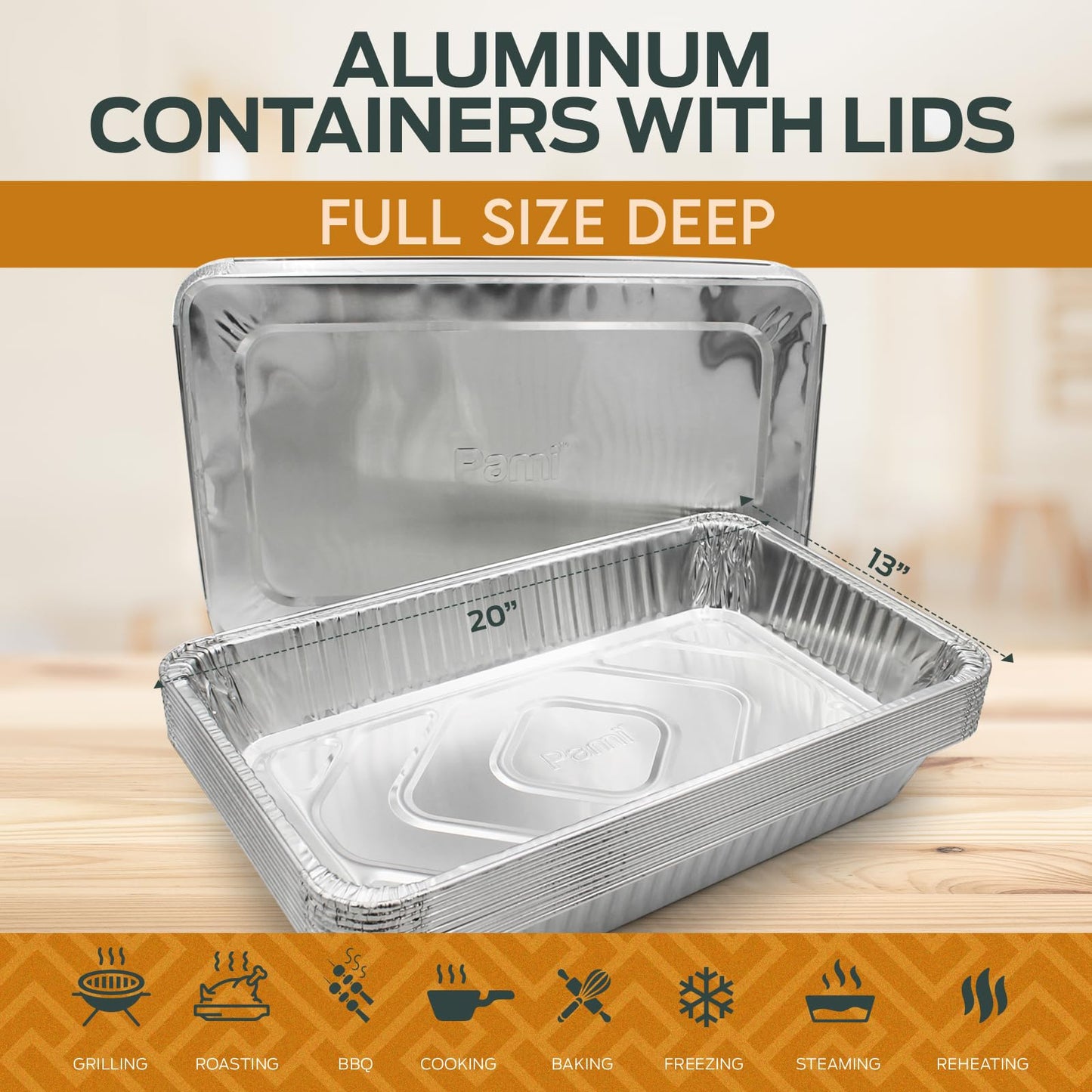 20" X 13" Aluminum Foil Pans – Full-Size Deep With Lids, 10 Pack