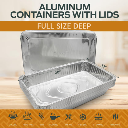 20" X 13" Aluminum Foil Pans – Full-Size Deep With Lids, 10 Pack