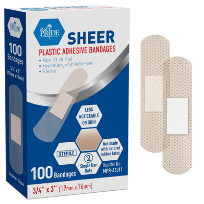 Sheer Plastic Adhesive Bandages – Sterile, Hypoallergenic, 100ct