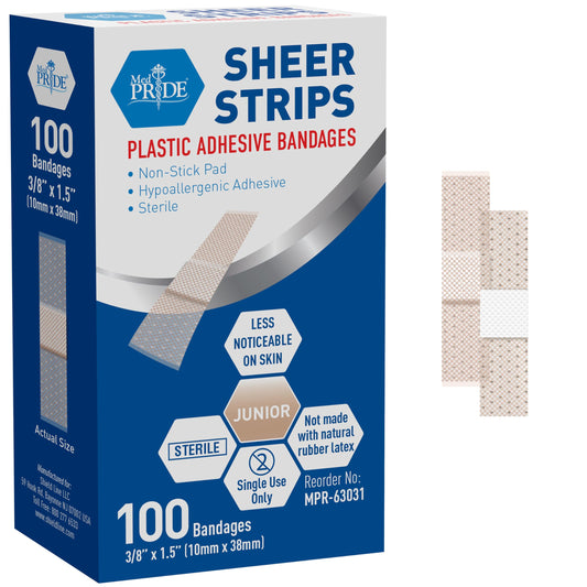 Sheer Strip Plastic Adhesive Finger Bandages – 3/8" × 1.5", 100ct