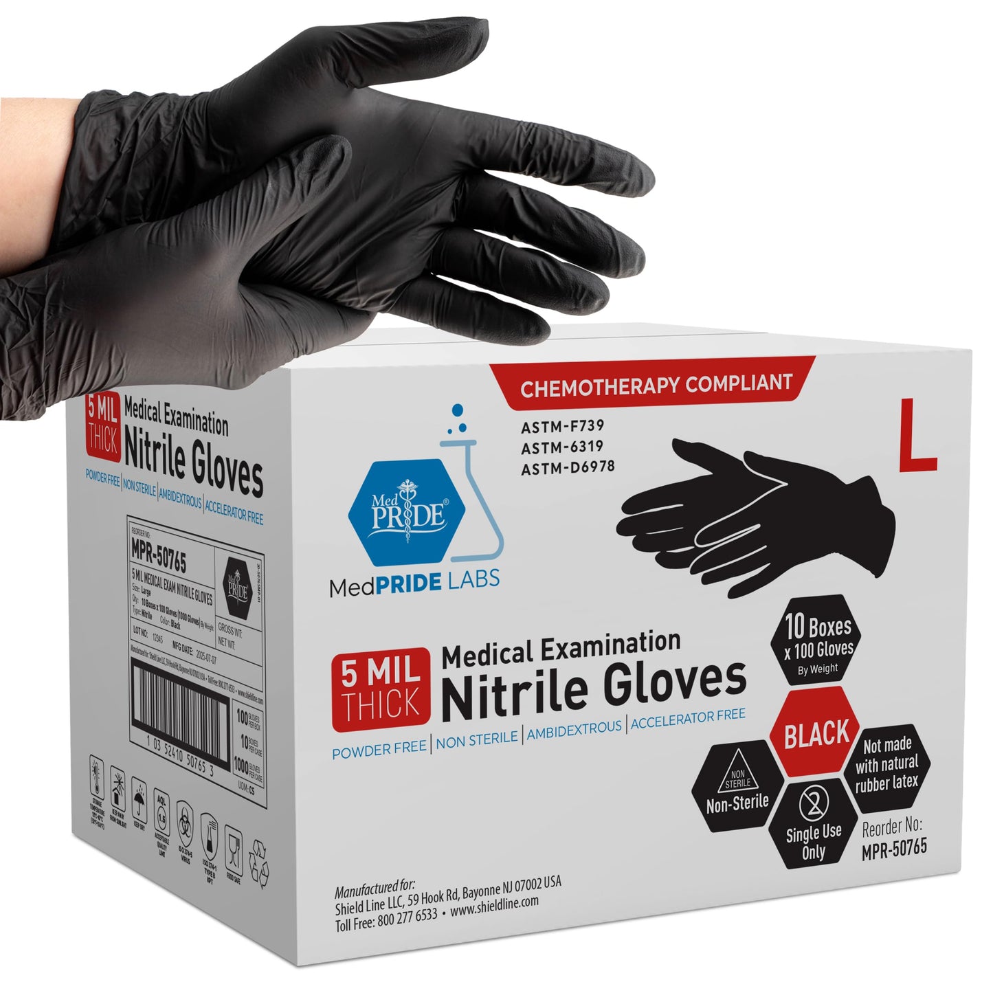 5 Mil Black Nitrile Examination Gloves, Chemo Compliant - Box of 100