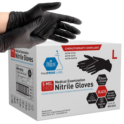5 Mil Black Nitrile Examination Gloves, Chemo Compliant - Box of 100