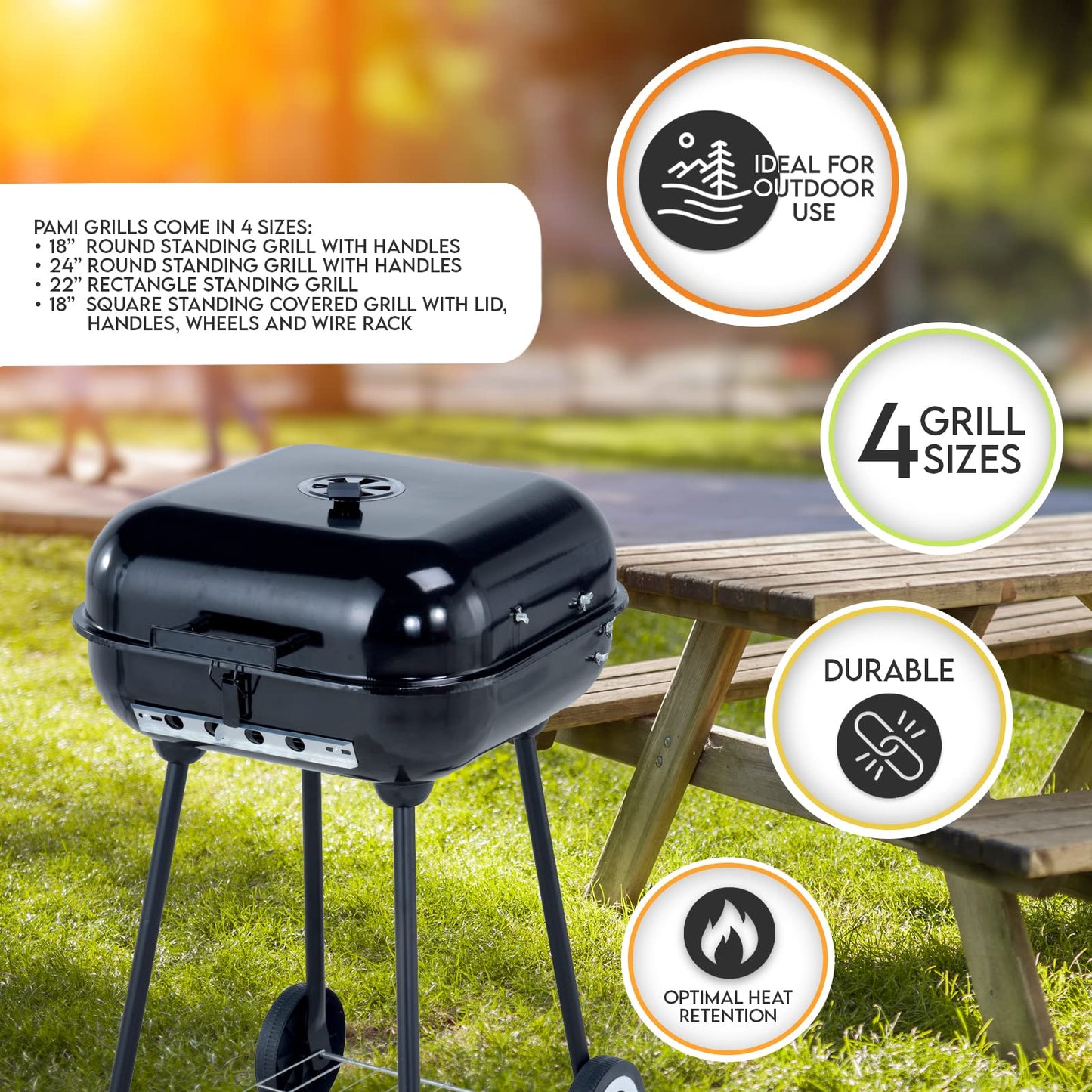 Portable 18" Charcoal BBQ Square Grill with Wheels & Cover