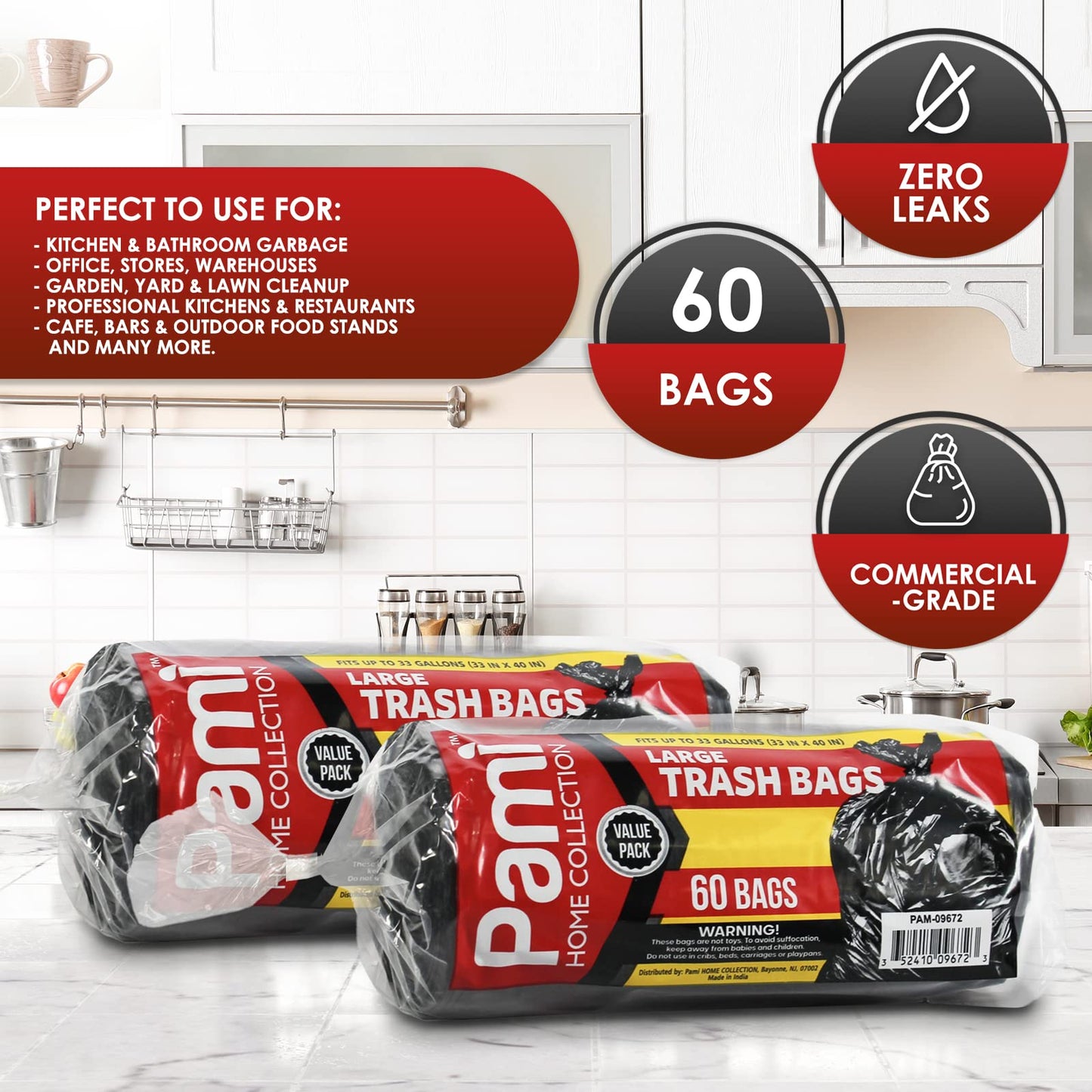 33 Gallon Black Trash Bags – 60 Pack