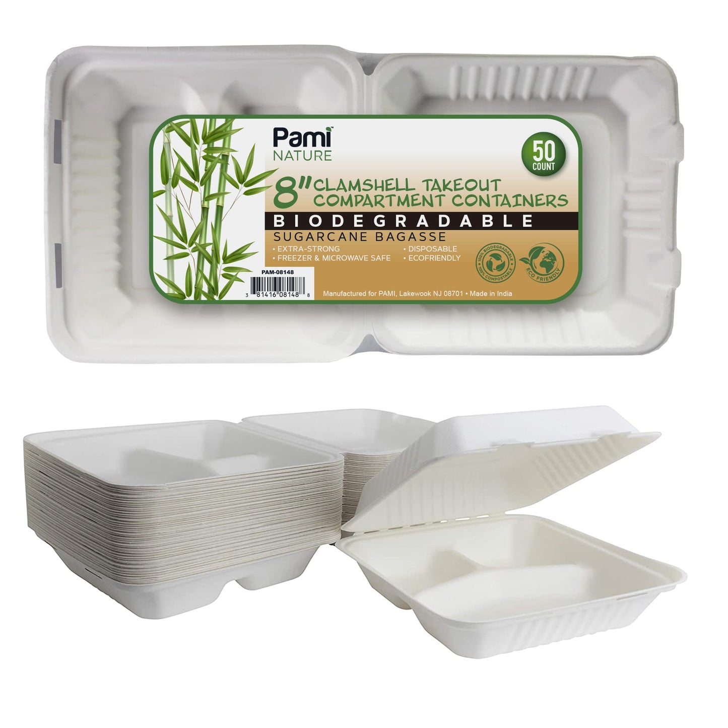 8x8” Biodegradable 3-Compartment Clamshell food Takeout Containers