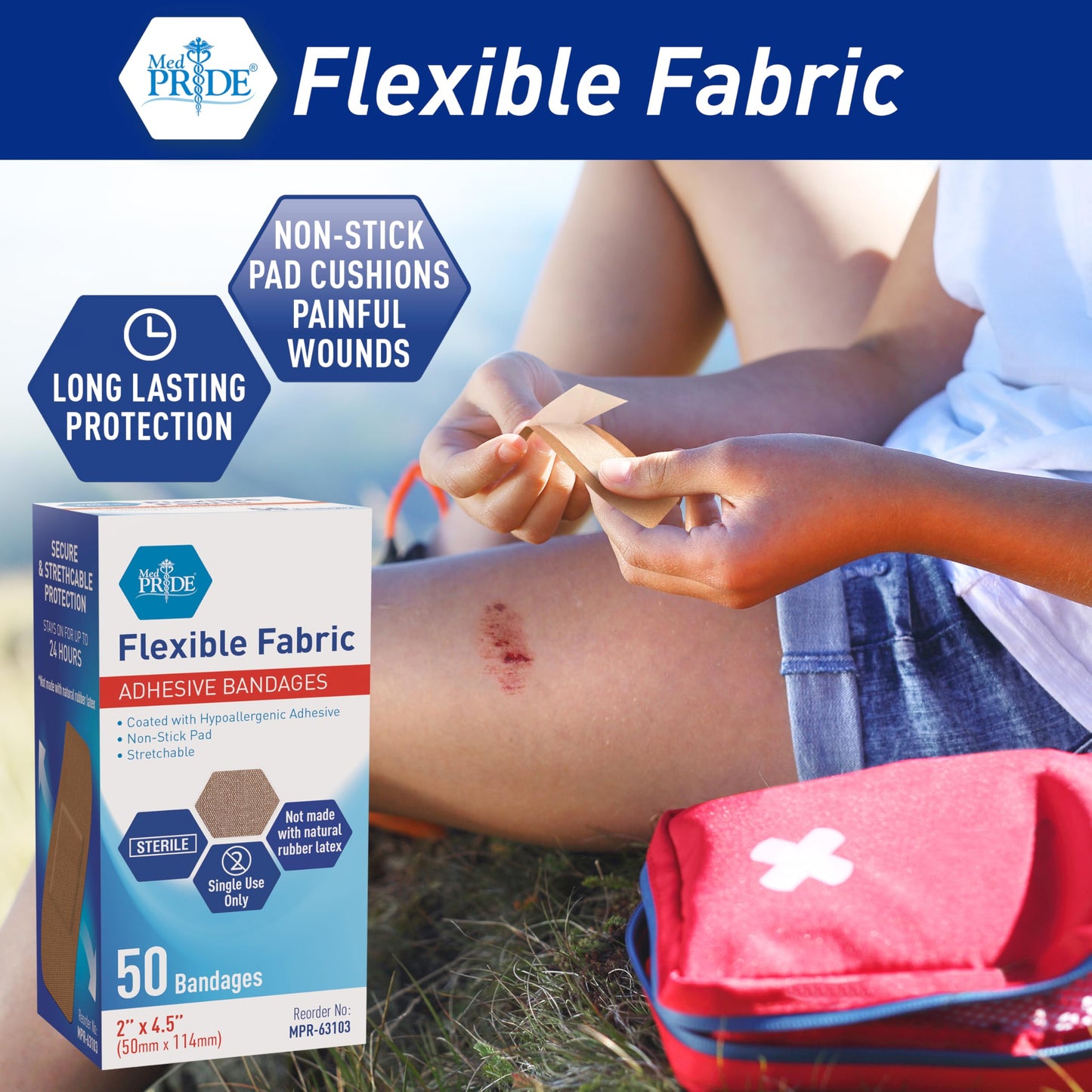 Sterile Flexible Fabric Adhesive Bandages – 2" × 4.5", 50 Ct