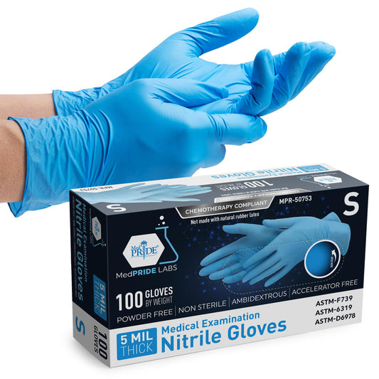 5 Mil Blue Nitrile Examination Gloves – Chemo Compliant - Box of 100