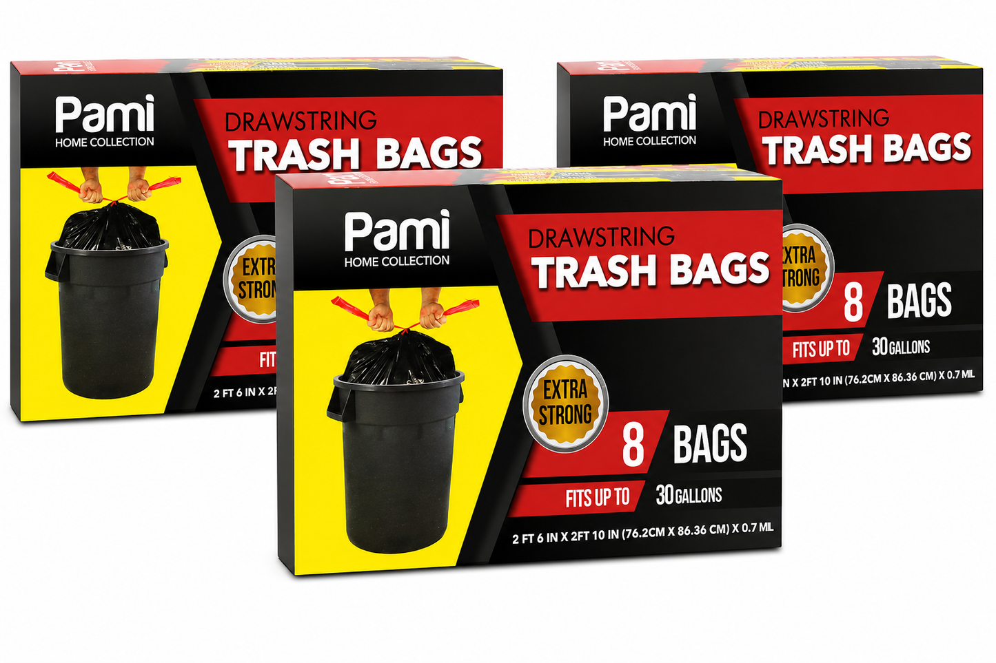 Heavy Duty 30 Gallon Drawstring Trash Bags – Black, Pack of 8