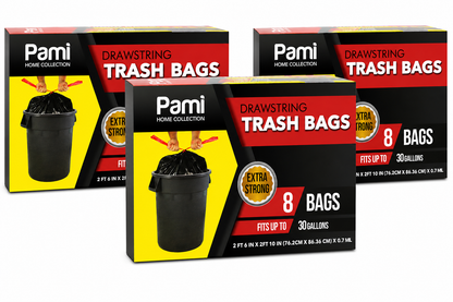Heavy Duty 30 Gallon Drawstring Trash Bags – Black, Pack of 8