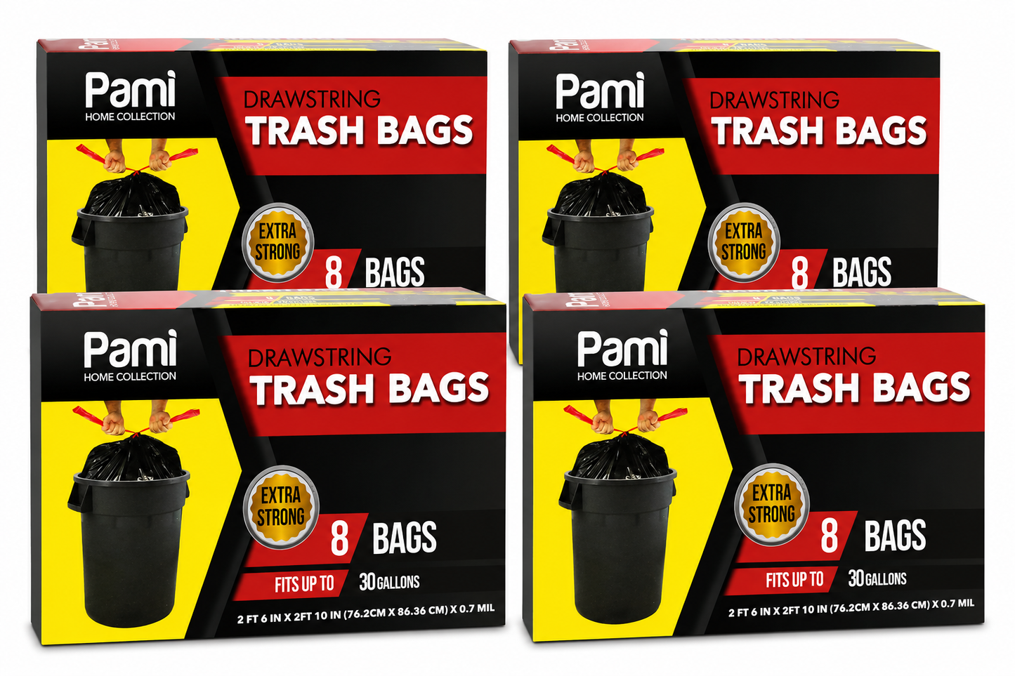 Heavy Duty 30 Gallon Drawstring Trash Bags – Black, Pack of 8