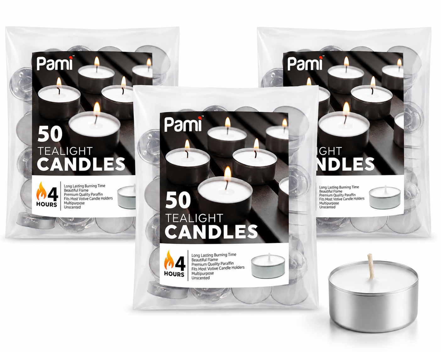 Tealight Candles – 4 Hour Burn Time, 50ct Bag