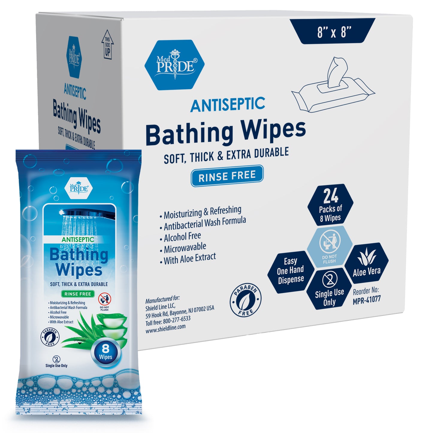 No-Rinse Antiseptic Bathing Wipes – Alcohol-Free 8" × 8"