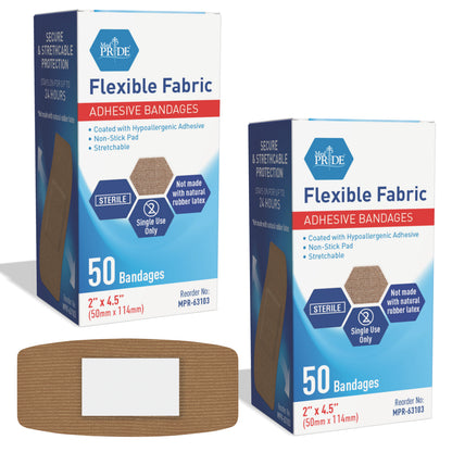 Sterile Flexible Fabric Adhesive Bandages – 2" × 4.5", 50 Ct
