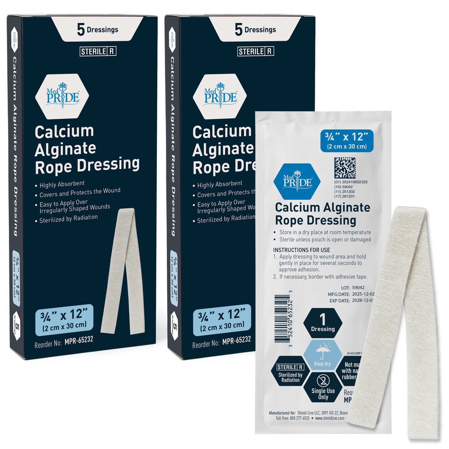 Sterile Calcium Alginate Rope Wound Dressing – 2cm x 12”, Pack of 5