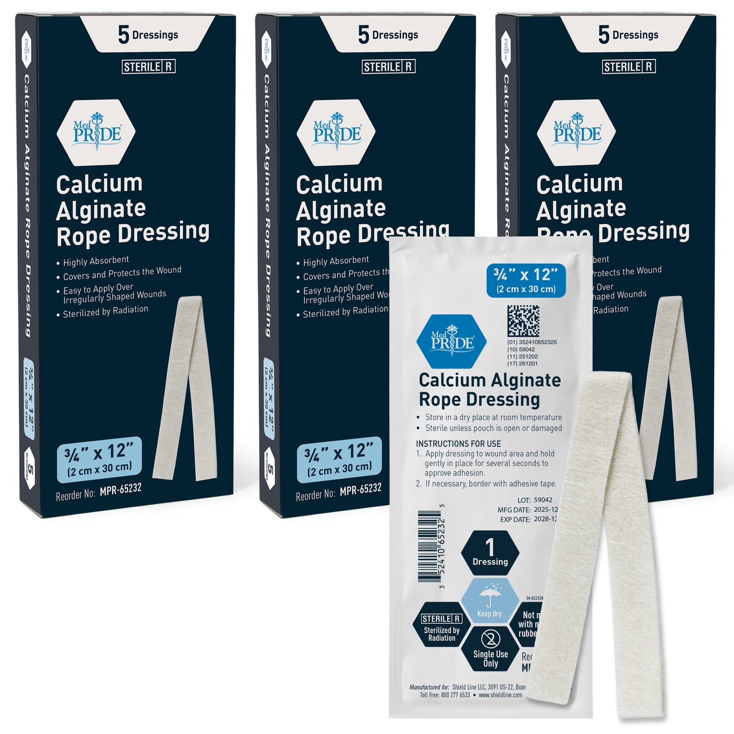 Sterile Calcium Alginate Rope Wound Dressing – 2cm x 12”, Pack of 5