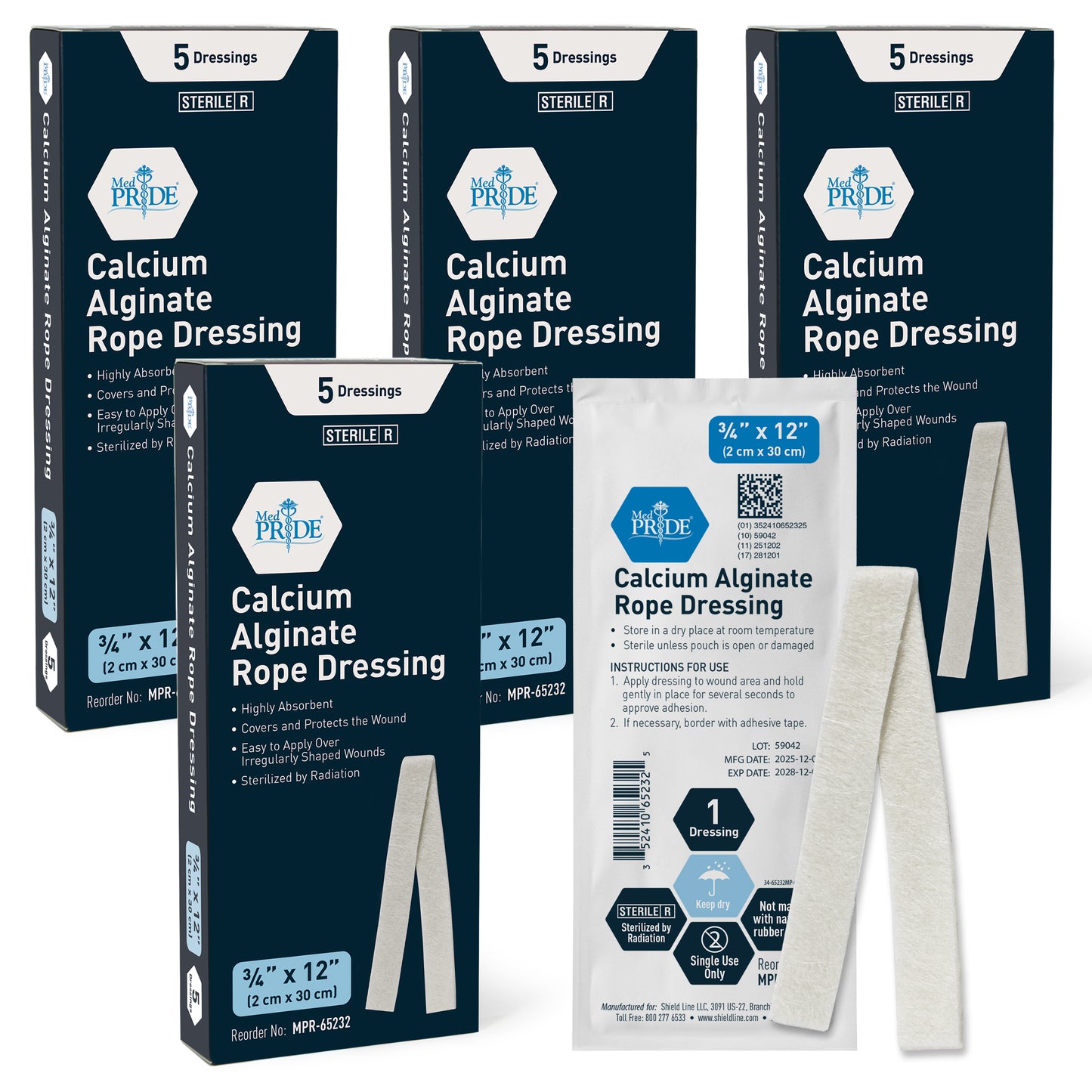 Sterile Calcium Alginate Rope Wound Dressing – 2cm x 12”, Pack of 5