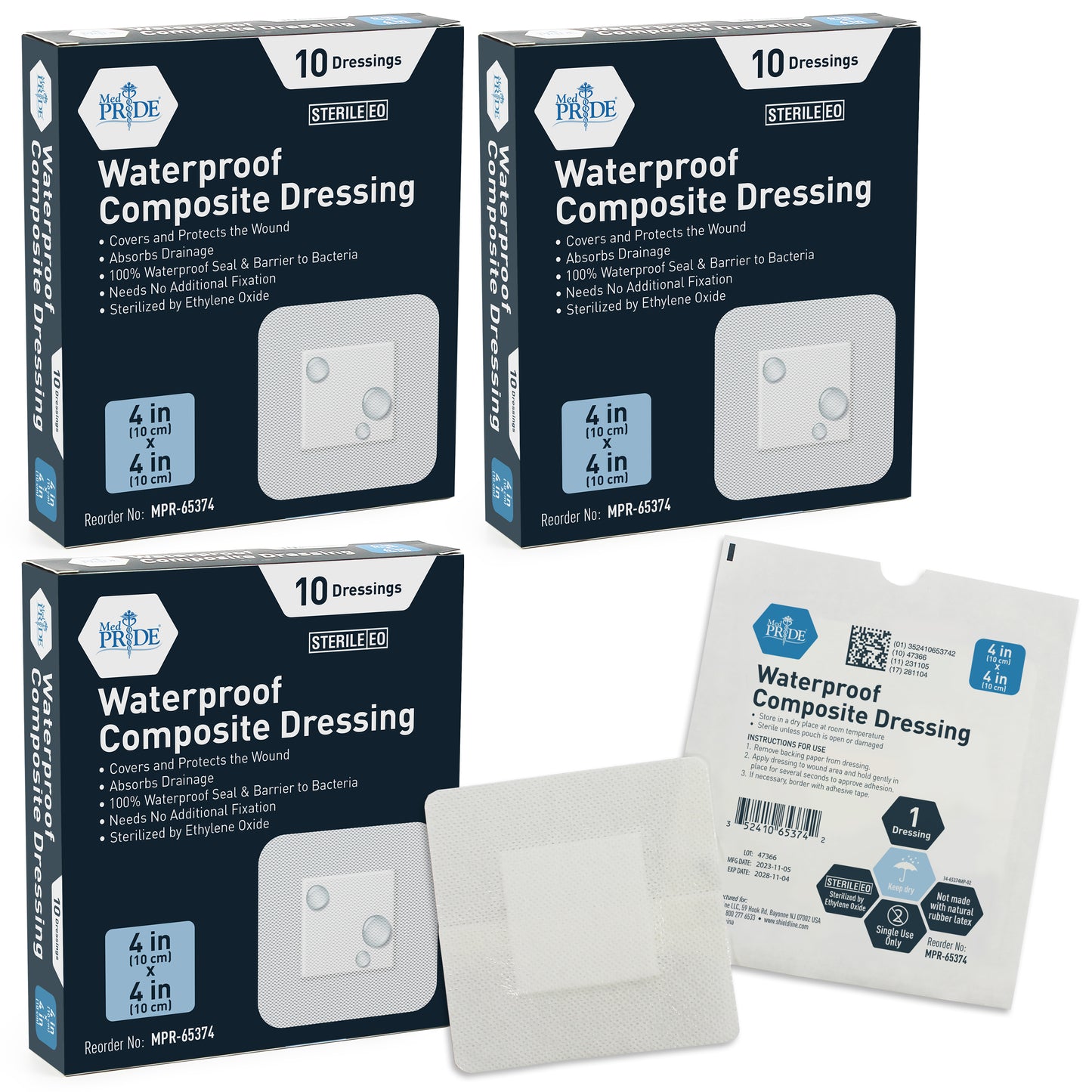 Sterile Waterproof Composite Wound Dressing Pads - Pack of 10