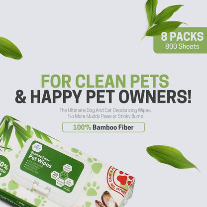Bamboo Fiber Pet Wipes – 8" × 8", Hypoallergenic, Alcohol-Free