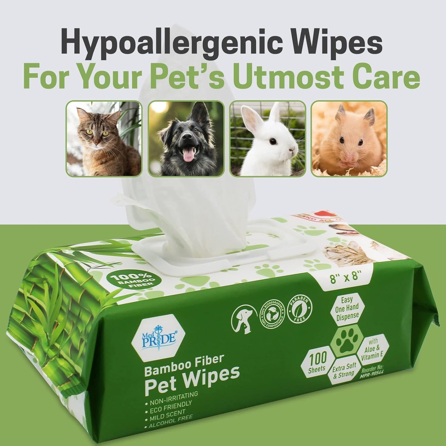 Bamboo Fiber Pet Wipes – 8" × 8", Hypoallergenic, Alcohol-Free