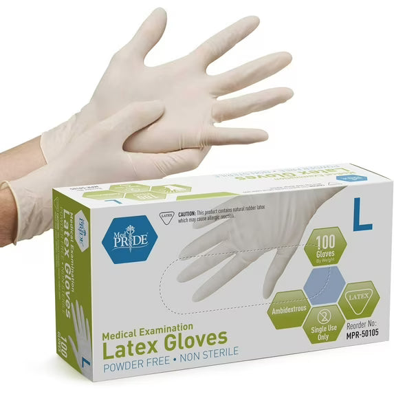 Disposable Latex Exam Gloves, 5 mil - Powder Free