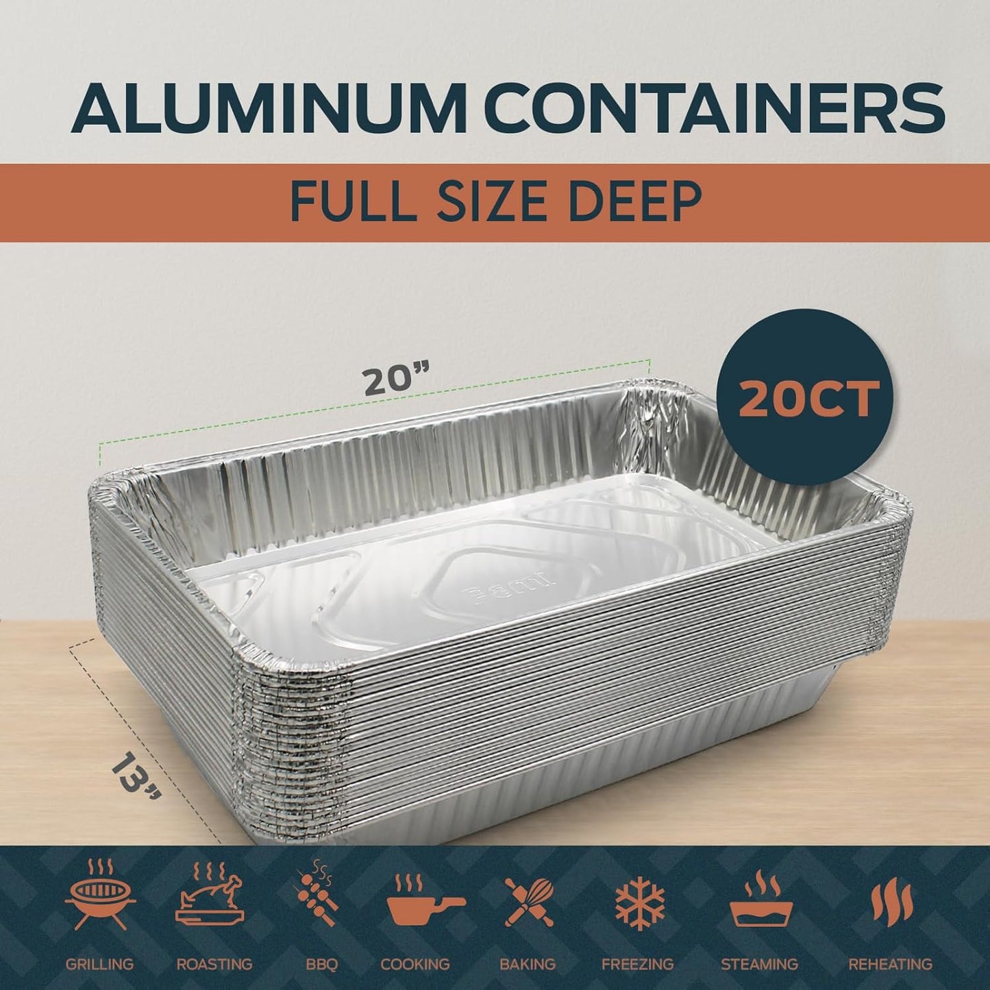 20" x 13" Aluminum Foil Pans – Full Size Deep, 20 Pack