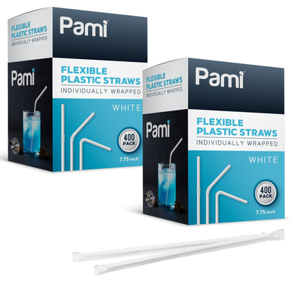 White Flexible Plastic Drinking Straws – Individually Wrapped, 7.75”