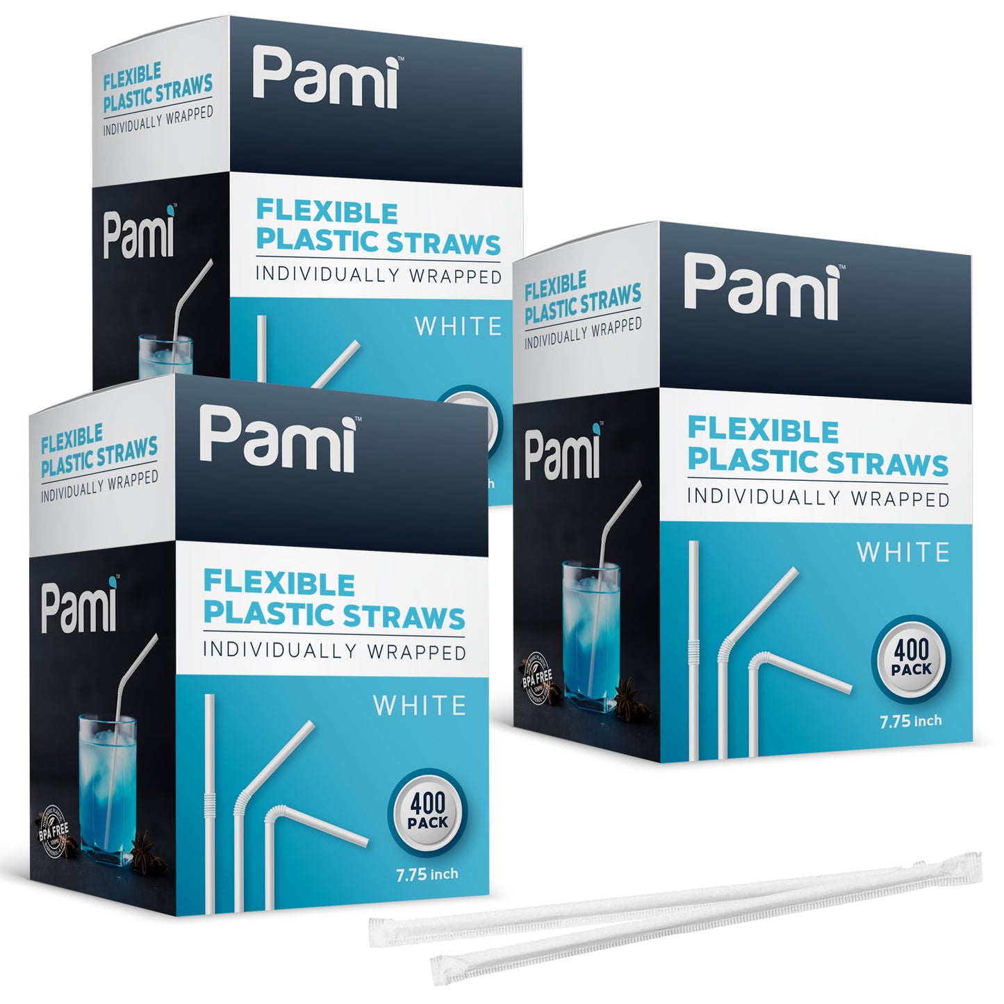White Flexible Plastic Drinking Straws – Individually Wrapped, 7.75”
