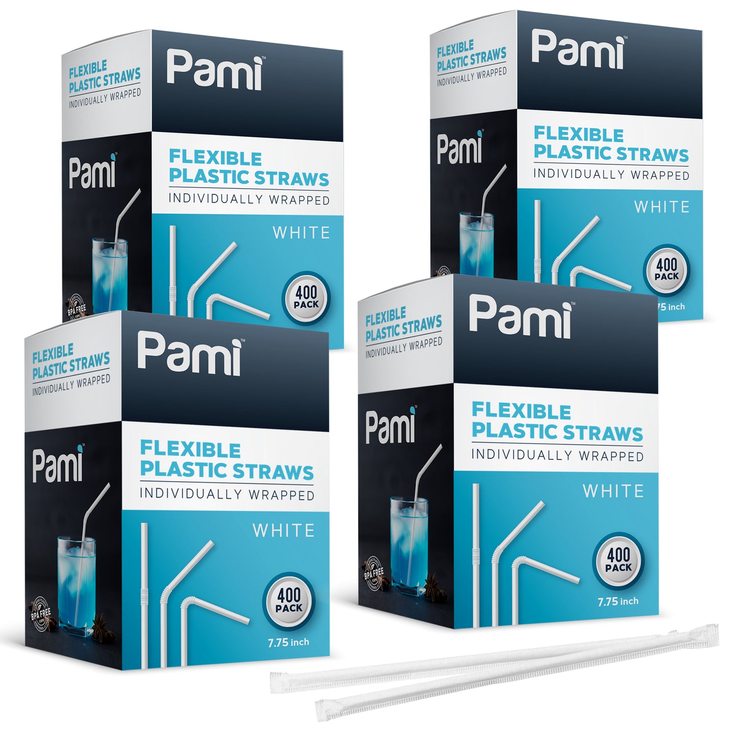 White Flexible Plastic Drinking Straws – Individually Wrapped, 7.75”