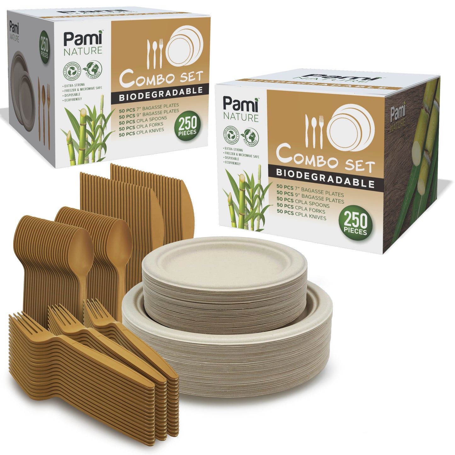 50  Compostable Dinnerware Set – Sugarcane Plates & Cutlery Bundle