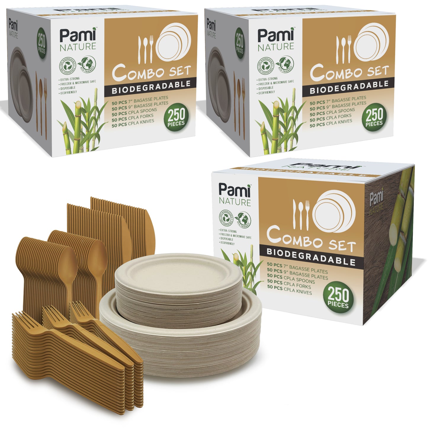 50  Compostable Dinnerware Set – Sugarcane Plates & Cutlery Bundle