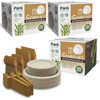 50  Compostable Dinnerware Set – Sugarcane Plates & Cutlery Bundle
