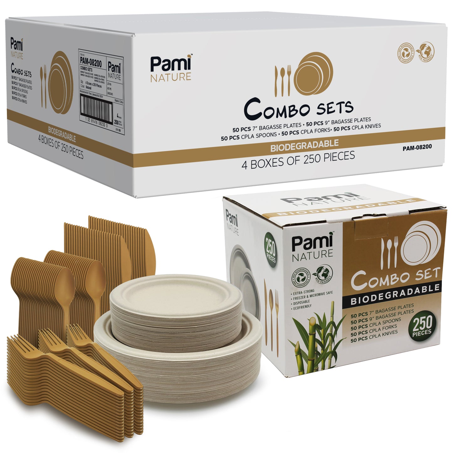 50  Compostable Dinnerware Set – Sugarcane Plates & Cutlery Bundle