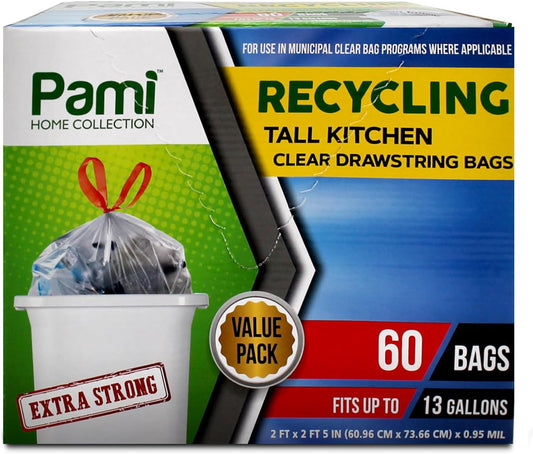 13 Gallon Drawstring Recycling Trash Bags - Extra Strong, 60 Pack
