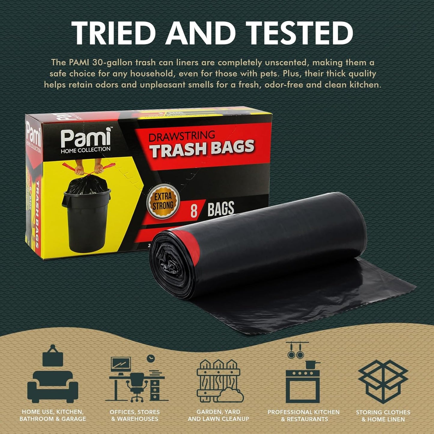 Heavy Duty 30 Gallon Drawstring Trash Bags – Black, Pack of 8