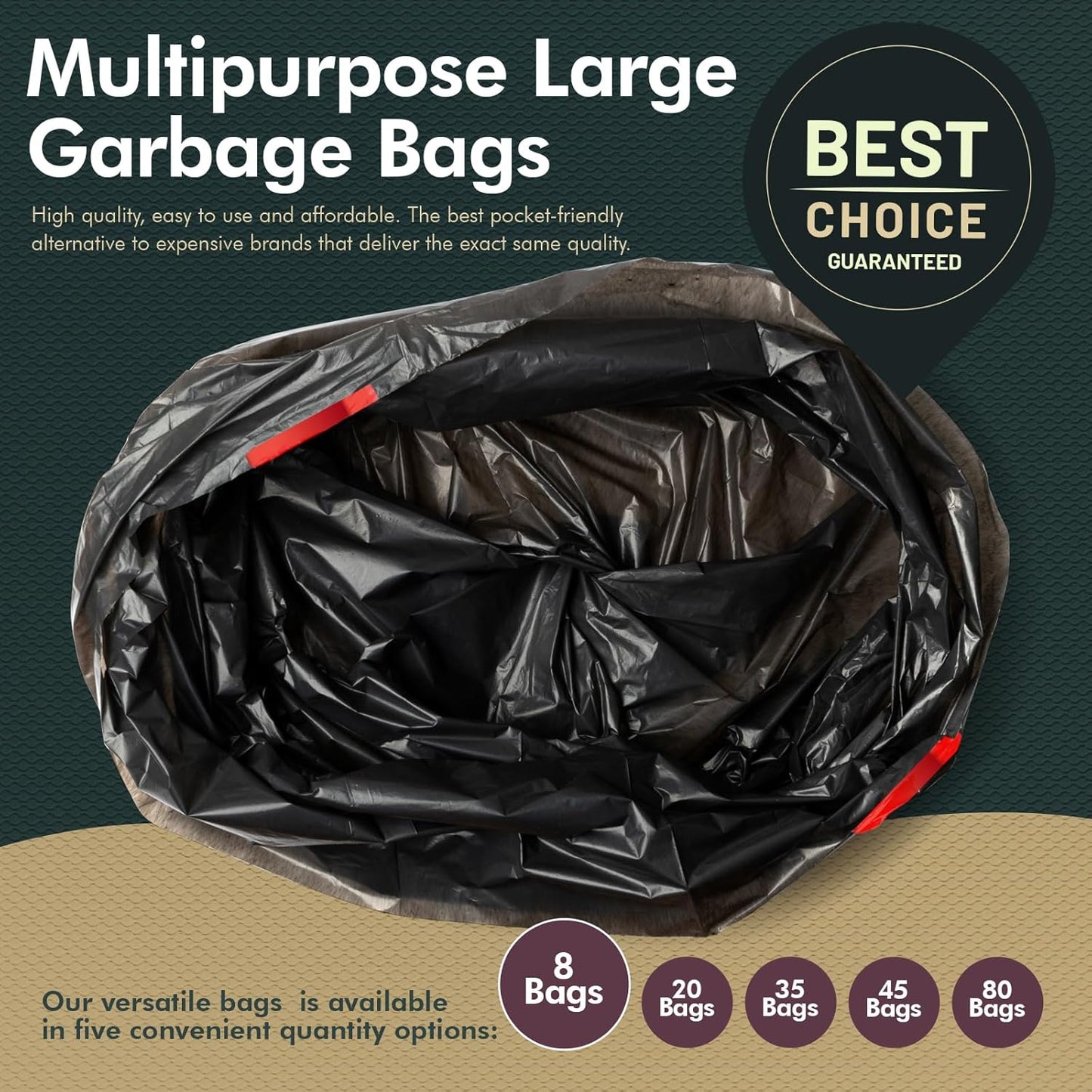Heavy Duty 30 Gallon Drawstring Trash Bags – Black, Pack of 8