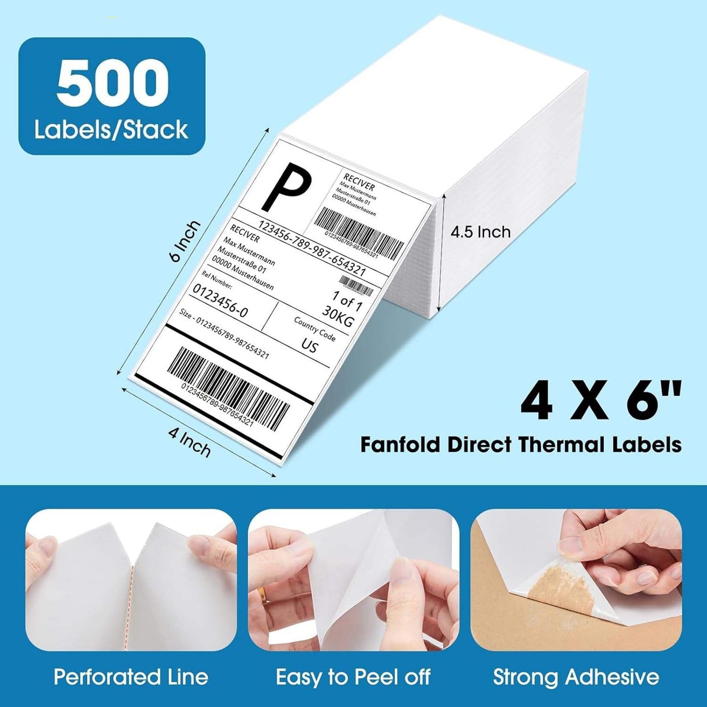 4x6 Direct Thermal Shipping Labels, 4,000 Fanfold, 8x500, Rollo/Zebra