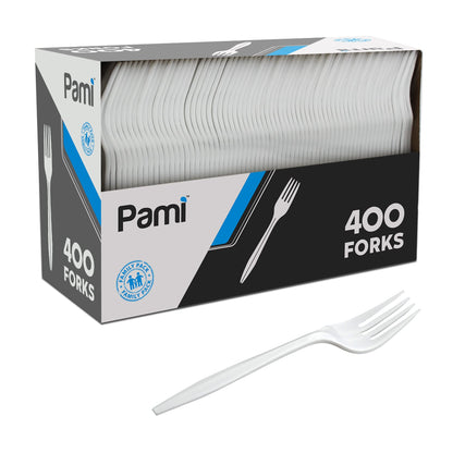 Medium-Weight Disposable Plastic Utensils – White Forks, Spoons & Knives 400-Pack