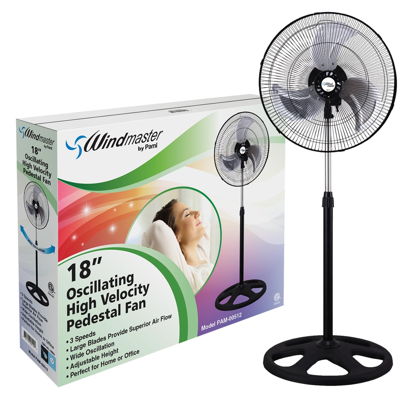 Black 18” Oscillating Pedestal 3 Speed Fan - Adjustable Stand
