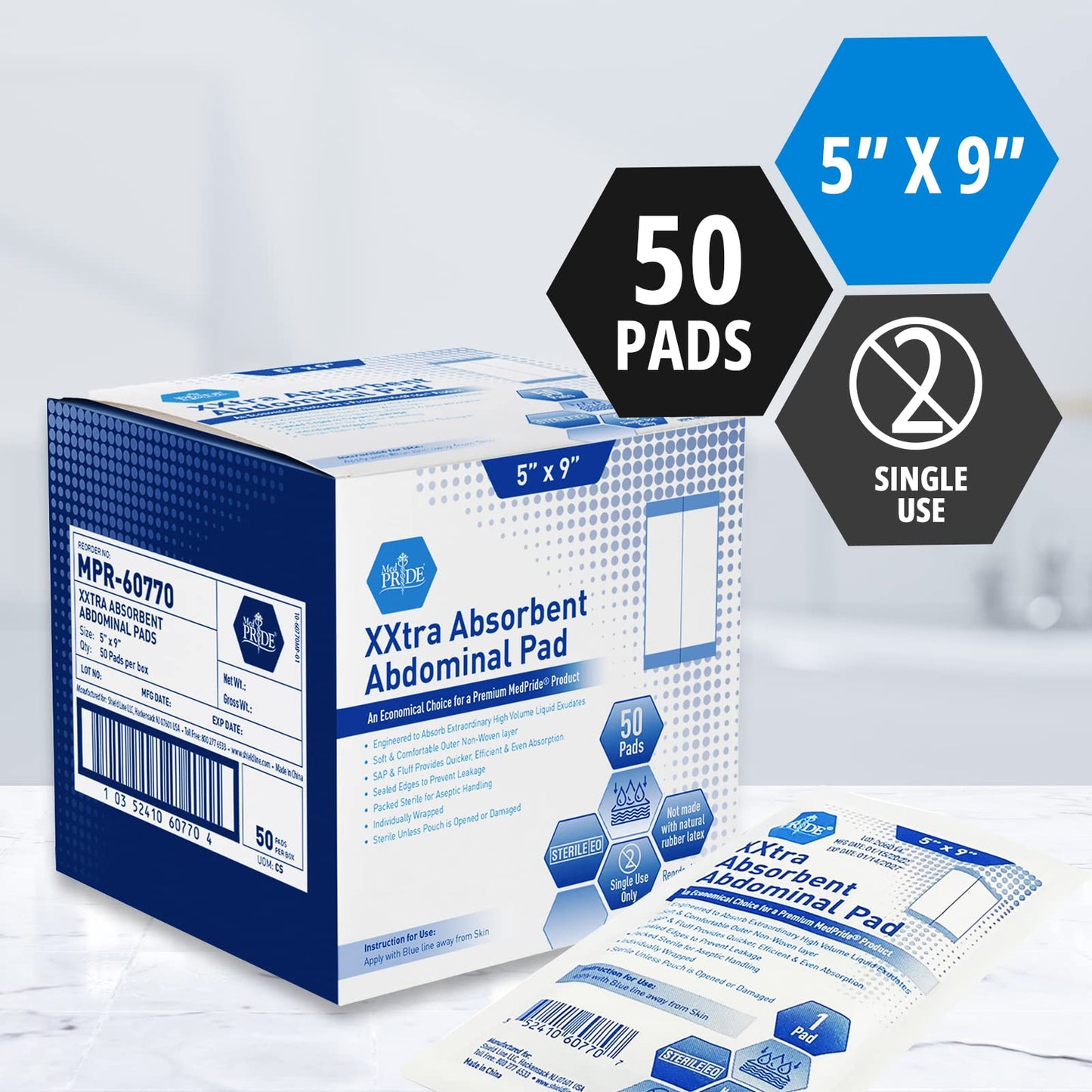 Extra Absorbent Sterile Abdominal ABD Pads – 5" × 9", 50ct, Individually Wrapped