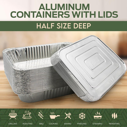 9" X 13" Aluminum Foil Containers With Lids – 25 Half-Size Deep Pans