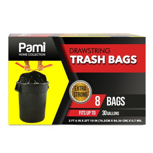 Heavy Duty 30 Gallon Drawstring Trash Bags – Black, Pack of 8