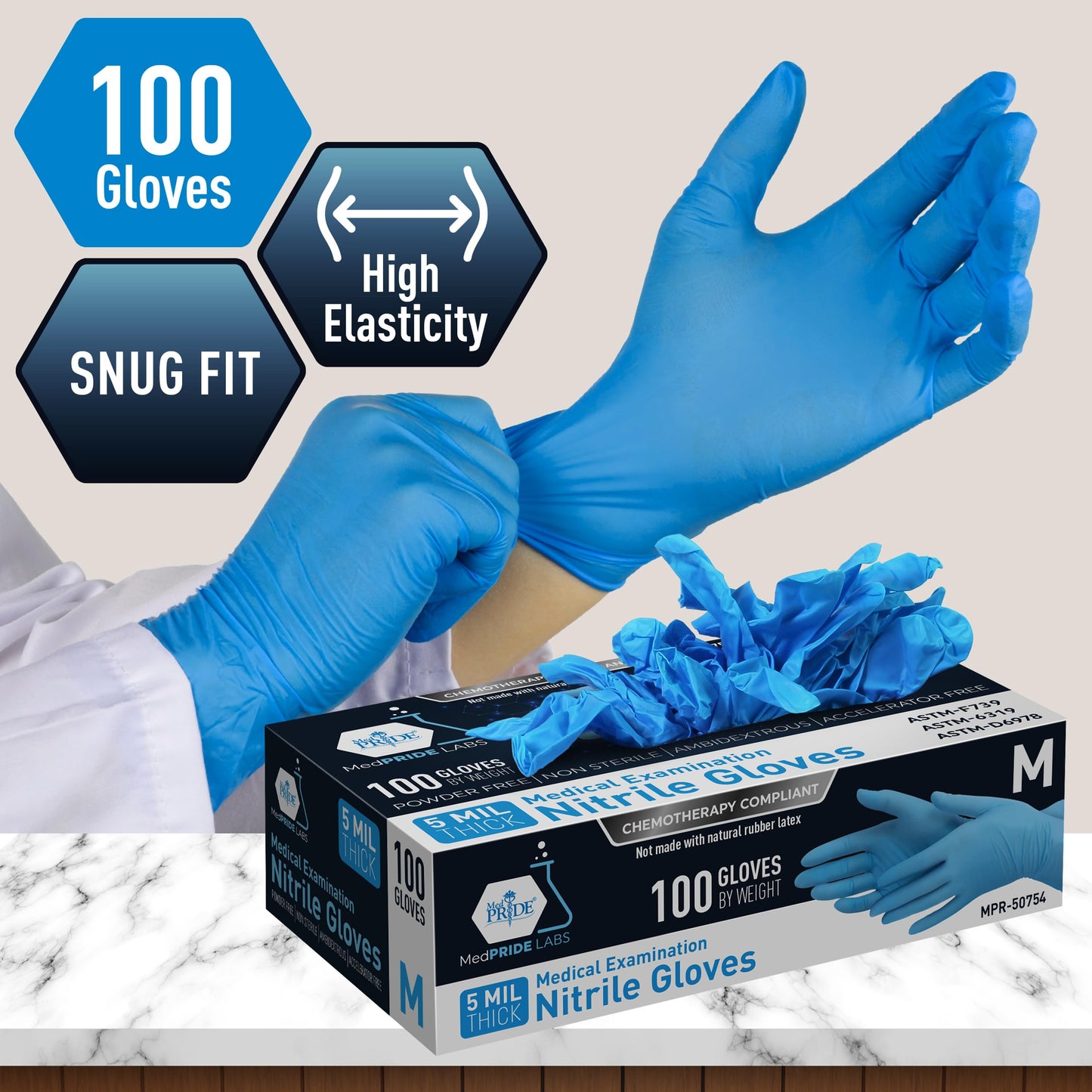 5 Mil Blue Nitrile Examination Gloves, Chemo Compliant - Box of 100