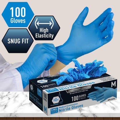 5 Mil Blue Nitrile Examination Gloves, Chemo Compliant - Box of 100