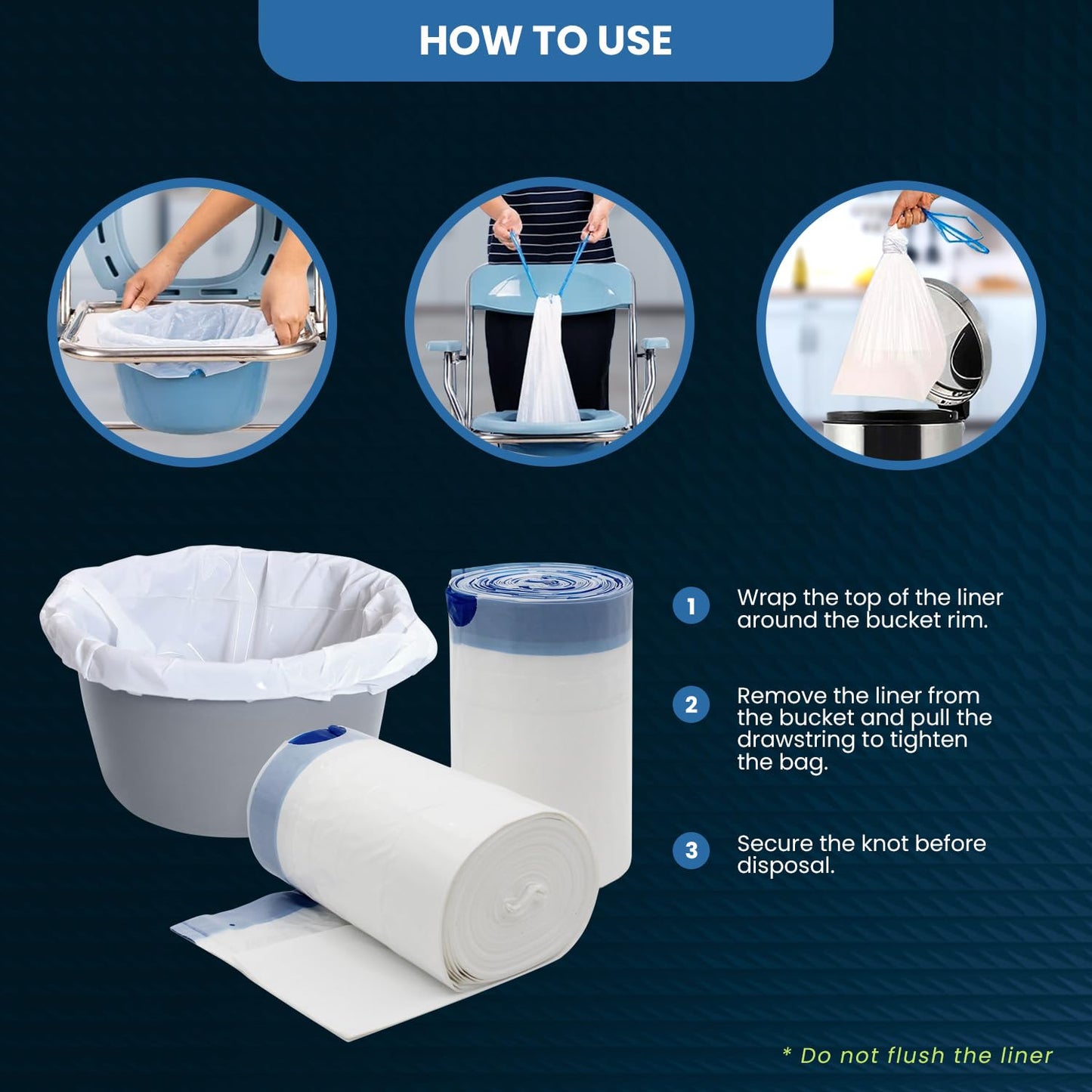 Disposable Commode Liner Bags with Drawstring