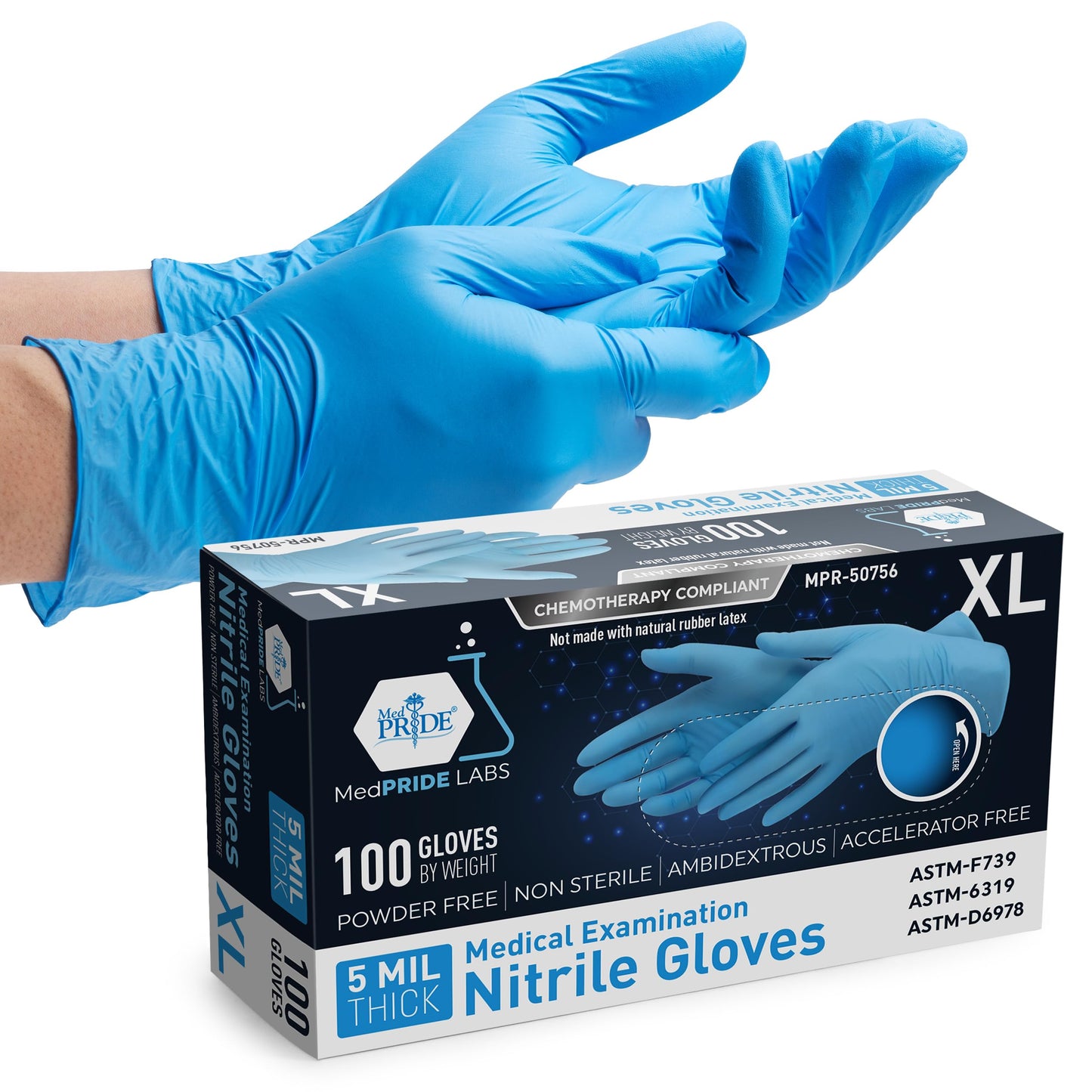 5 Mil Blue Nitrile Examination Gloves, Chemo Compliant - Box of 100