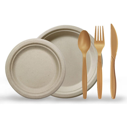 50  Compostable Dinnerware Set – Sugarcane Plates & Cutlery Bundle
