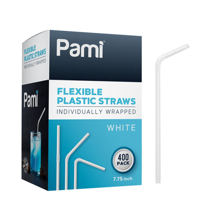 White Flexible Plastic Drinking Straws – Individually Wrapped, 7.75”